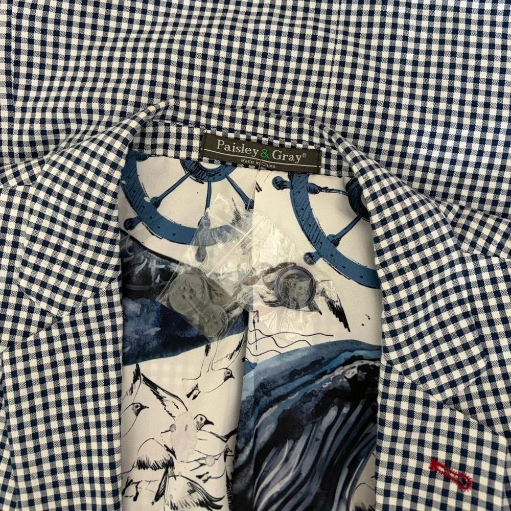 NEW! PAISLEY & GRAY Gingham Peak Two Button Blazer Blue White Nautical Lined 40R